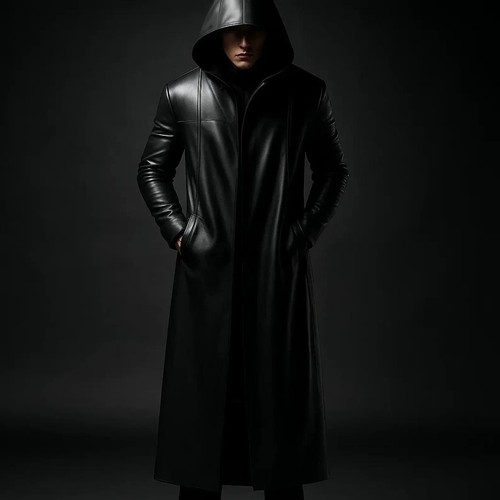 Herren schwarz kapuze leder - schwarz,
